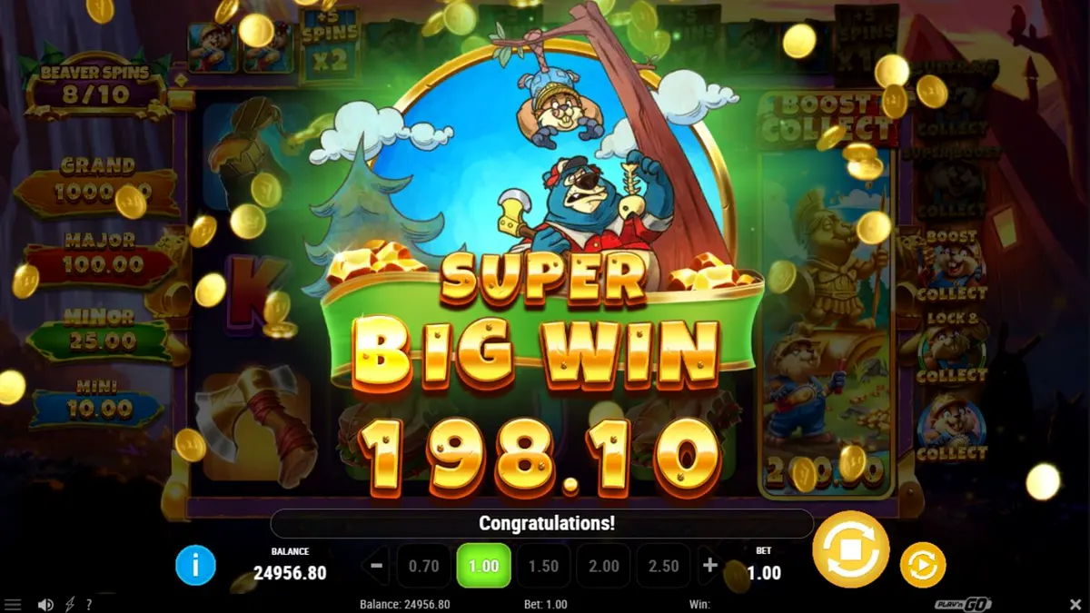 Tampilan visual slot Gnaw’n Gold dengan tema hutan dan berang-berang yang ceria
