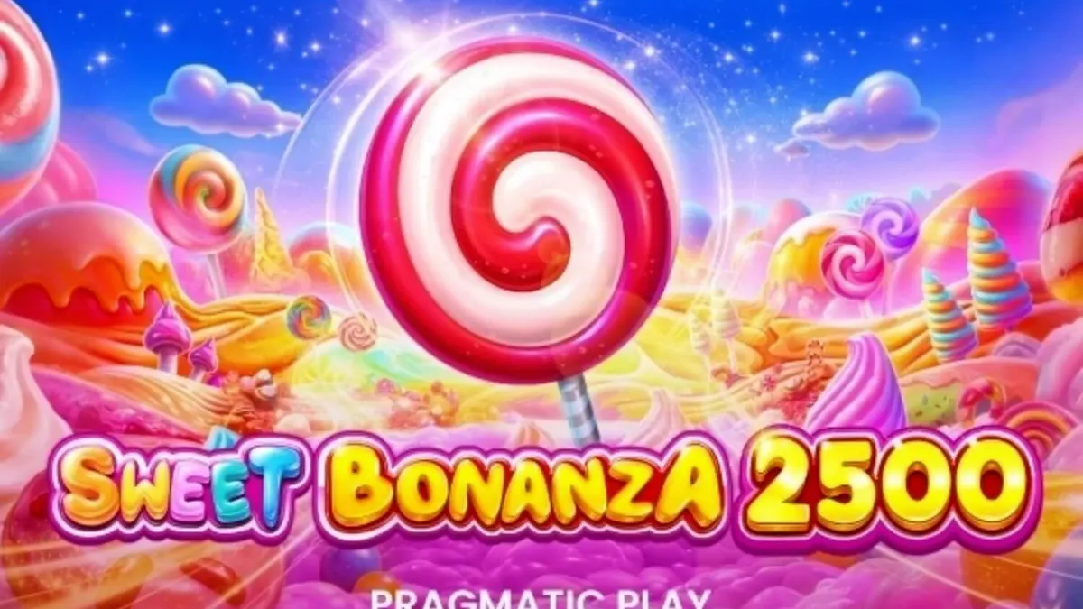 Tampilan visual penuh warna dari slot Sweet Bonanza 2500 dengan simbol permen dan buah.