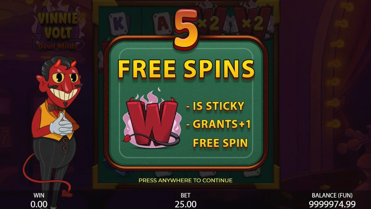 Vinnie Volt: Devil Wilds slot machine interface with cartoon devil character