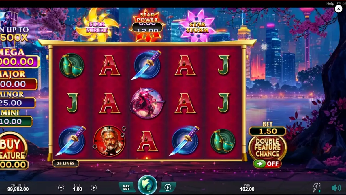 Tampilan visual neon-noir dari slot Assassin Star dengan elemen futuristik Jepang.