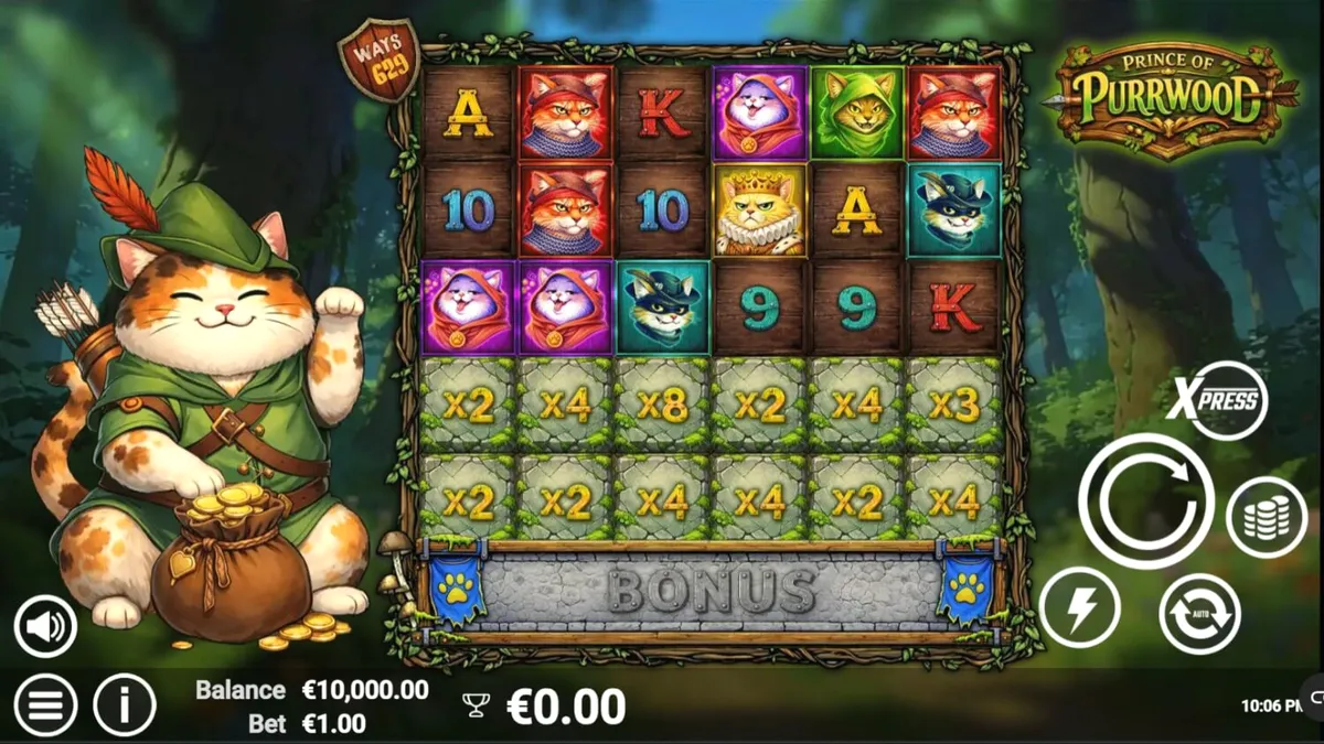 Pemandangan hutan abad pertengahan dengan karakter kucing dalam slot Prince of Purrwood