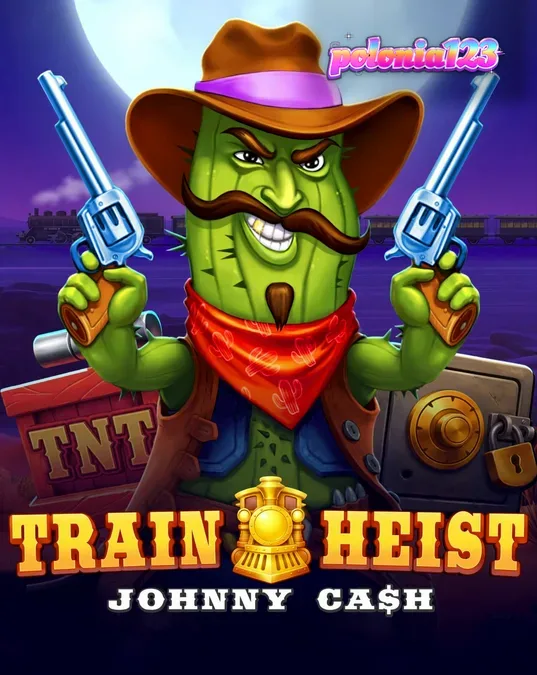 Tampilan visual slot Train Heist Johnny Cash dengan tema koboi kaktus dan latar belakang kereta api.